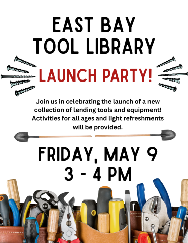 Flyer for tool library launch party with images of shovels, tools and nails. 