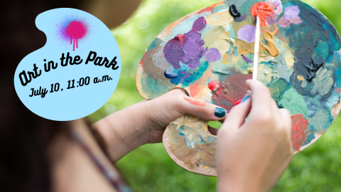 A colorful paint pallet is featured with green grass in the background, and graphic paint pallet with pink spray paint.