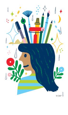 Girl with art supplies sticking out of her head.