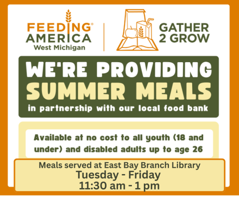 We're providing summer meals Tuesday - Friday 11:30 - 1 pm at East Bay Branch Library