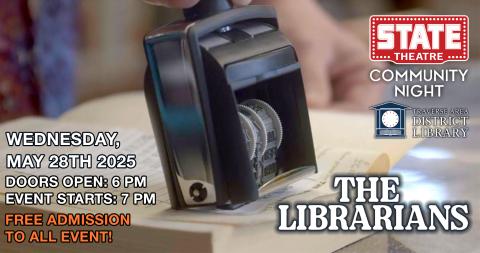 Still Image from the Librarians film - Image of a date stamper being used on an open book.