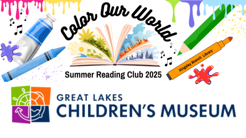 A bright display of the Color Our World logo of arts and crafts materials, and the Great Lakes Children's Museum logo of nautical and STEAM icons.