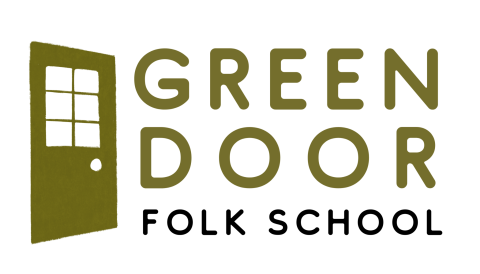 Logo for Green Door Folk School - picture of a green door for a house next to the name of the organization