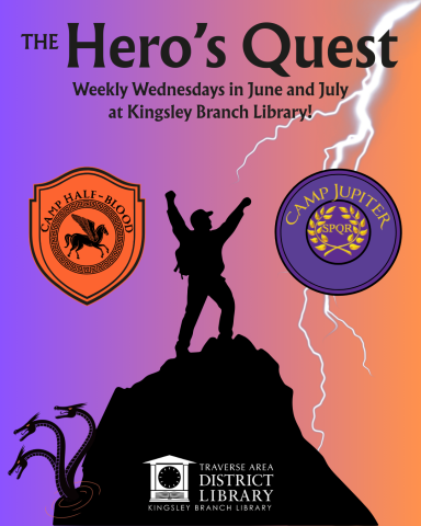 A black silhouette of a human on a mountaintop celebrating, with a lighting stick in the distance, flanked by the orange Camp Half-Blood and purple Camp Jupiter Greek-style logos. A hydra head peeks out at the base of the mountain.