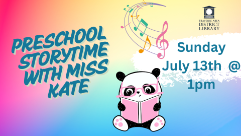 Preschool Storytime with Miss Kate Sunday July 13th @ 1pm Panda with glasses reading a book