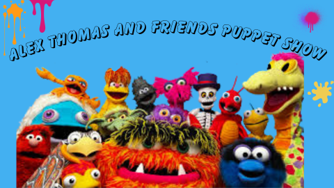 A group of colorful puppets smile with a rich blue background, and a title of Alex Thomas and Friends Puppet Show