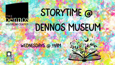 Storytime @ Dennos Museum Wednesdays @ 11am with the Dennos Museum logo and an open book with vines and a moon coming from it on a tie-dye background