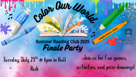 Color Our World Finale Party with Art supplies that list the different libraries and paint splats. Tuesday, July 29th @ 6pm in Hull Park. Join us for fun games, activities, and prize drawings! Blue and pink background
