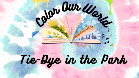 Color Our World Summer Reading Club logo with art supplies, with a pink and blue tie-dye background