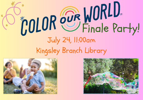 Color Our World with rainbow detail, and photos of an ice cream social and a large bubble.