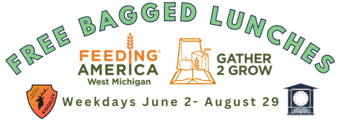 Image of the Feeding America and Gather 2 Grow logos. Text overlay reads Free Bagged Lunches at Kingsley Branch Library, June 2nd through August 29th.