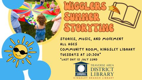 Image of children playing with colorful parachute, and an image of a sun with sunglasses on. Text overlay reads Wigglers Summer Storytime.