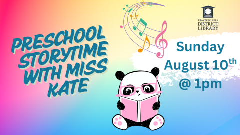 Preschool Storytime with Miss Kate Sunday August 10th @ 1pm Panda with glasses reading a book