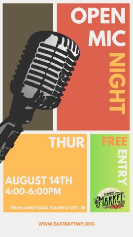 Color blocks with a drawing of a microphone under the text "open mic night"