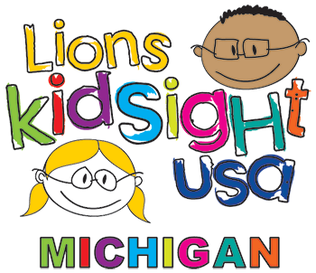 Image of two hand-drawn heads of two children, one child who is white with blonde hair and one who is brown with short black hair. Both children are wearing glasses. Text overlay reads Lions Kidsight USA Michigan.