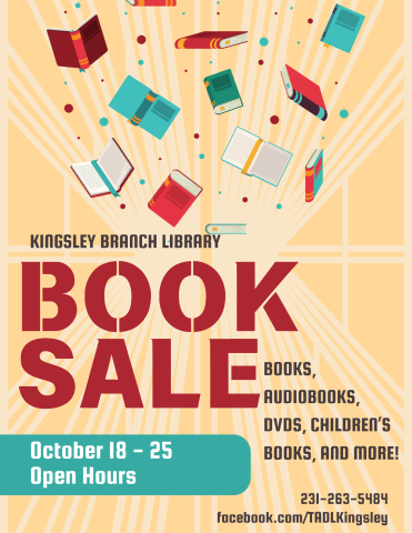 Books cascade from the top as confetti to announce a book sale in large red lettering