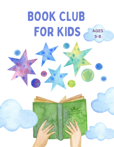 Hands holding an open book, with stars and clouds, and text reading, "Book Club for Kids ages 5-8."
