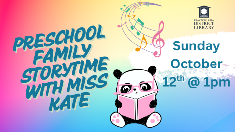 Preschool Family Storytime with Miss Kate Sunday October 12th @ 1pm Panda with glasses reading a book