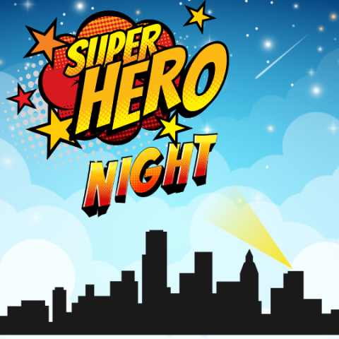 Superhero night projected above a darkening cityscape