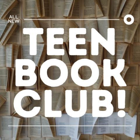 Logo that reads: Teen Book Club! in white text. It is on a background that looks like book pages.
