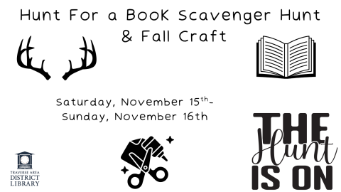 hunt for a book scavenger hunt and fall craft surround by silhouette of deer head with antlers, open book, and arts and crafts supplies