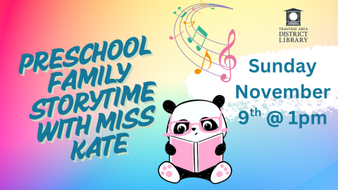 Preschool Family Storytime with Miss Kate Sunday November 9th @ 1pm Panda with glasses reading a book