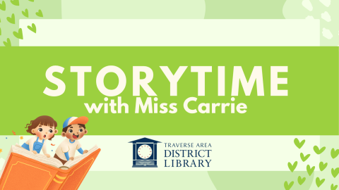 Storytime with Miss Carrie kids flying on a book in the left bottom corner