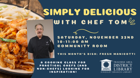 A navy blue background, with a photo of meal and Chef Tom Sisco in the foreground with event information.