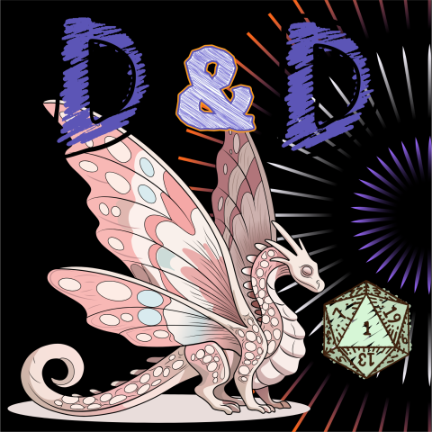 Winged dragon, 20 sided die, text "D & D"