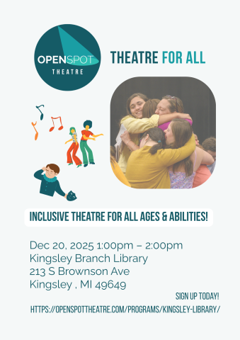 A photo of a group of young actors embrace during workshop, and a graphic of fun-having folks is beside them