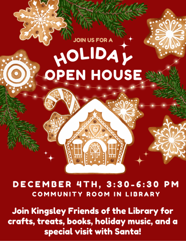A red background with a frosted gingerbread house, cookies, and evergreen boughs in the foreground.