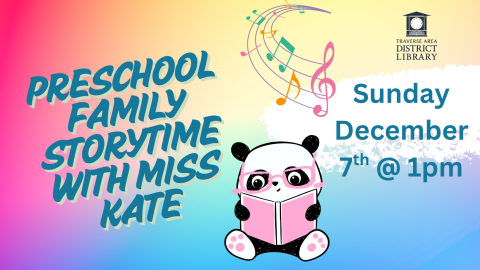 Preschool Family Storytime with Miss Kate Sunday December 7th @ 1pm Panda with glasses reading a book