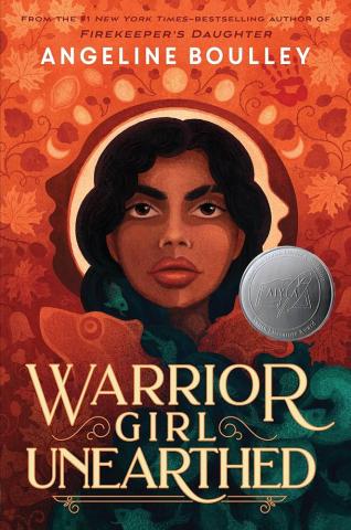 Book cover featuring illustration of a young indigenous woman on an orange background Title is "Warrior Girl Unearthed"