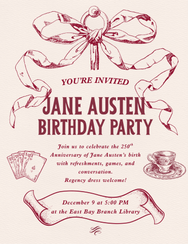 Old timey birthday party invitation with drawings of cards, a teacup, and bow