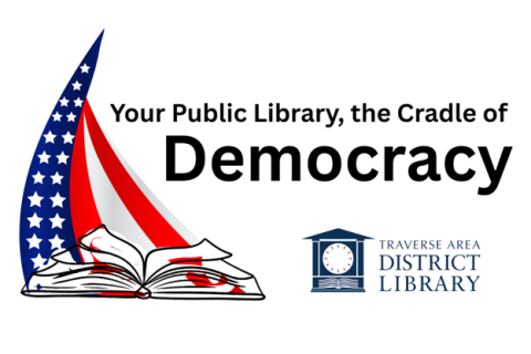 picture of an open book with a stylized American flag emerging from the open pages.