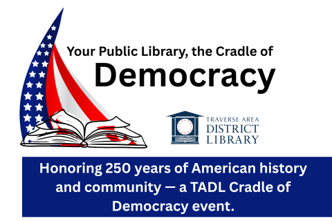 picture of an open book with a stylized American flag emerging from the open pages, along with the library logo and tagline for the program series