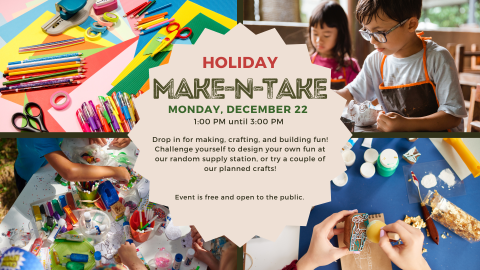 A photo collage of children and hands making various crafts, with event information in the center