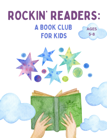 Hands holding an open book, with stars and clouds, and text reading, "Rockin Readers: A Book Club for Kids ages 5-8."