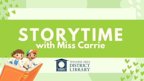 Storytime with Miss Carrie kids flying on a book in the left bottom corner