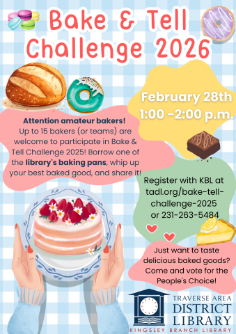 A brightly colored gingham background, with splashes of frosting and text inside, surrounded by hands presenting various baked goods graphic drawings