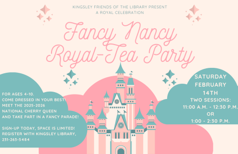 A soft cream background, with teal and pink clouds, with a fairytale castle of like colors in the center