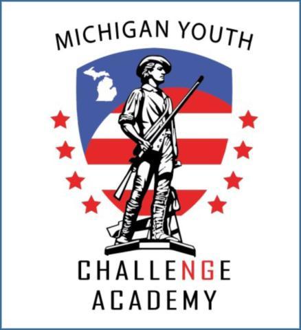 Text "Michigan Youth Challenge Academy" with soldier in front of red/white striped background with blue top.