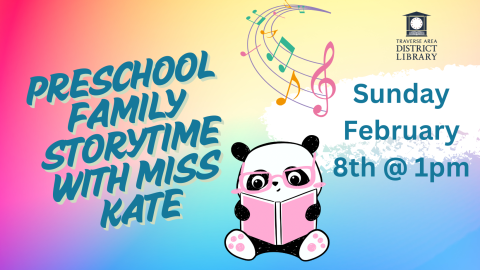 Preschool Family Storytime with Miss Kate Sunday February 8th @ 1pm Panda with glasses reading a book