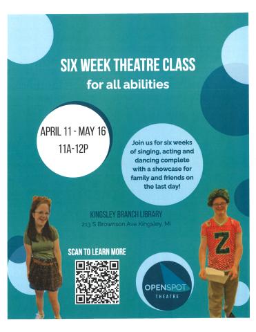 Image of two people with colorful wigs and animal ears on. Text overlay reads "Six Week Theatre Class for all abilities, April 11-May 16th, 11 am to 12 pm, at Kingsley Branch Library!"