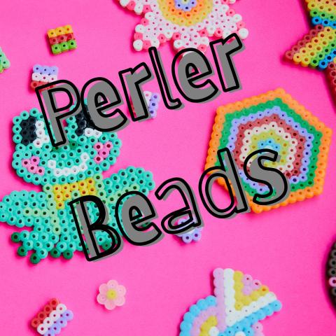 Text "Perler Beads" on top of perler bead frog and other shapes on pink background.