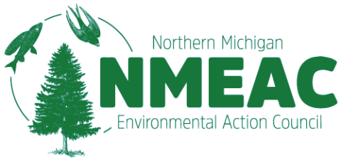 logo for the Northern Michigan Environmental Action Committee which includes the initial of the organization, a pine tree, a fish, and a bird all in the color green