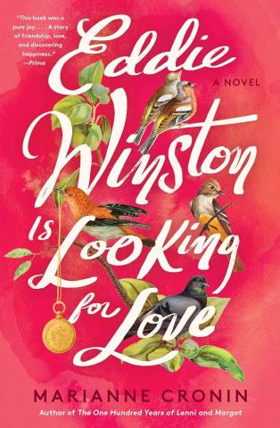 Pink book cover with birds and "eddie Winston is looking for love" in cursive script