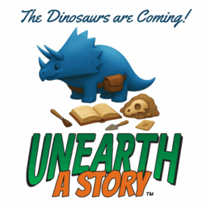 CSLP dinosaur logo. It has a blue dinosaur on it and reads: The dinosaurs are coming! Unearth A Story.