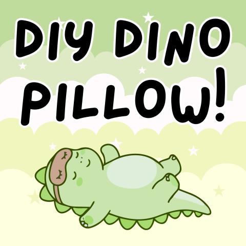 Image titled: DIY Dino Pillow! It has a sleeping dinosaur on it with green clouds in the background.