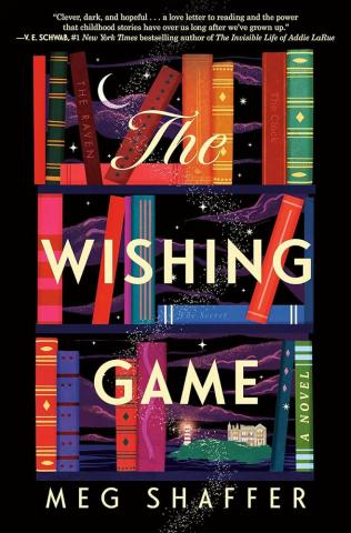 Book cover with illustration of colorful bookshelf and title "the wishing game"